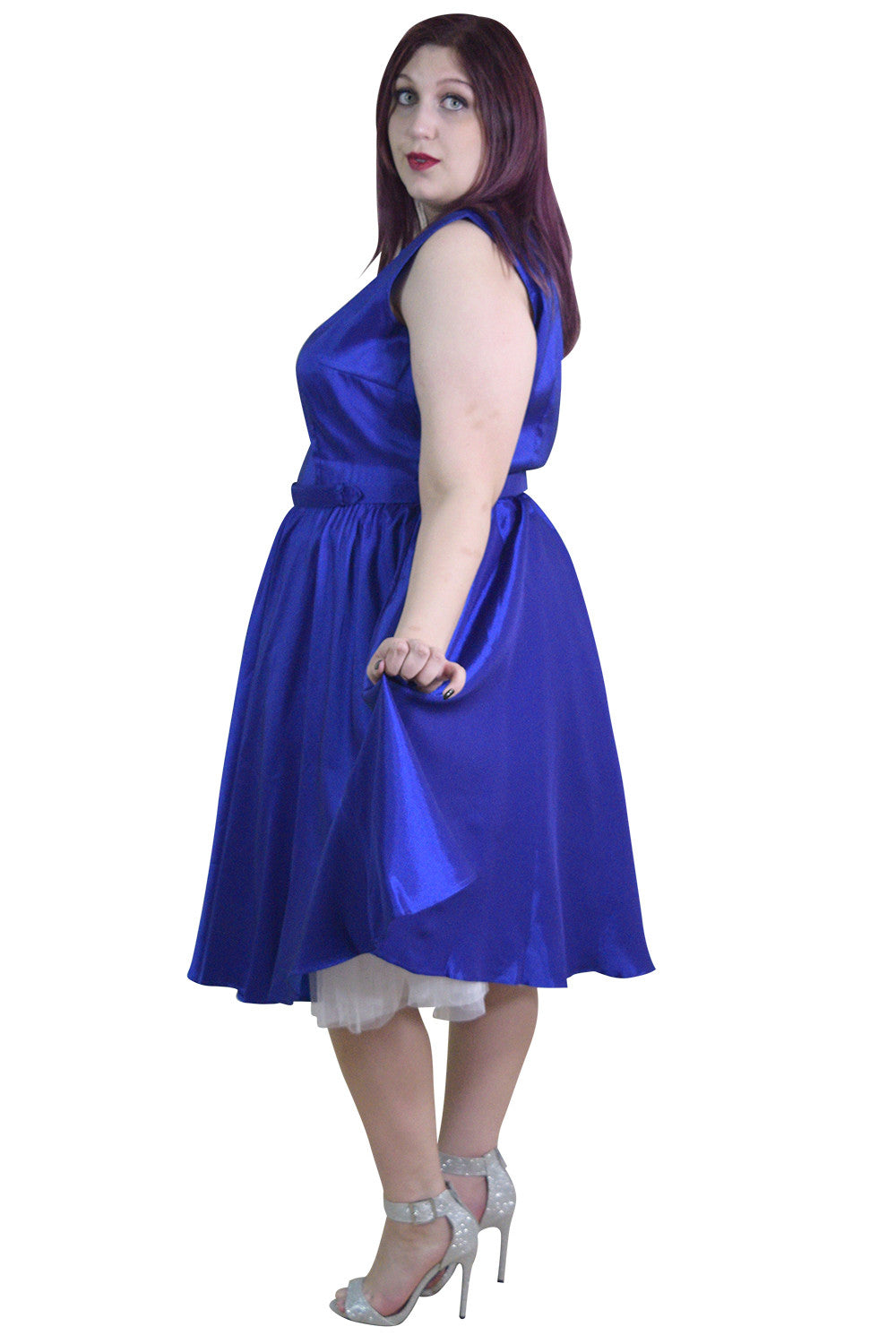 Dresses Plus Rockabilly Pinup Deep Blue Satin Cocktail Flare Party Swing Dress