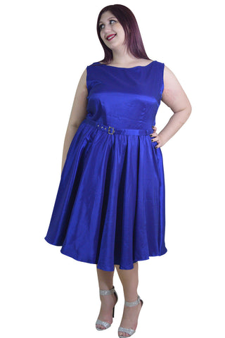 Dresses Plus Rockabilly Pinup Deep Blue Satin Cocktail Flare Party Swing Dress