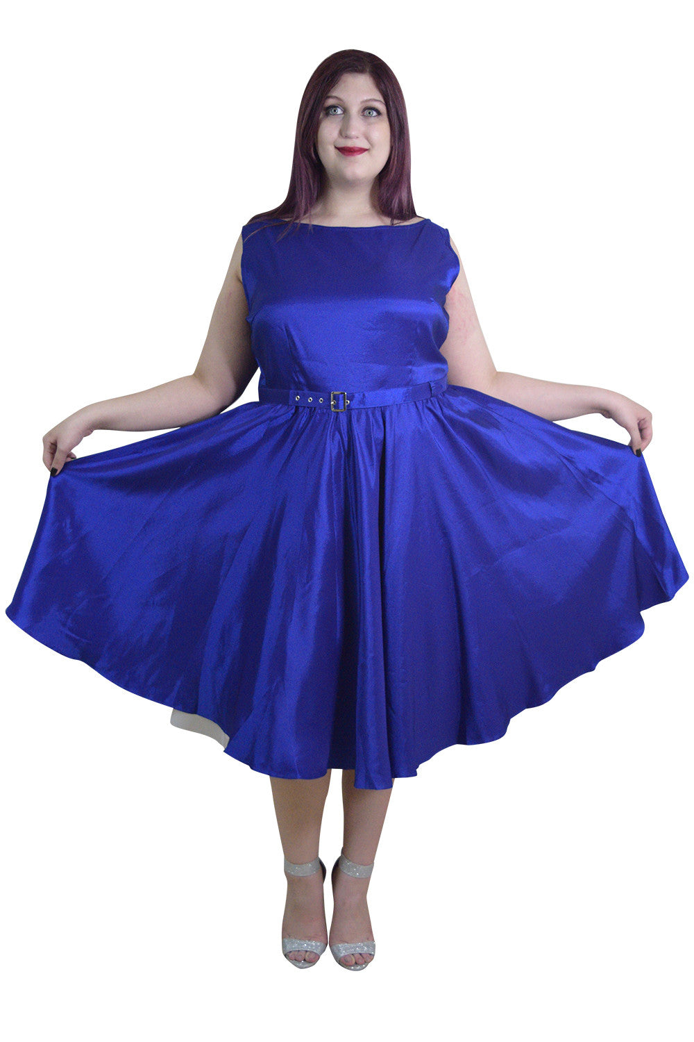 Plus Rockabilly Pinup Deep Blue Satin Cocktail Flare Party Swing Dress US16 (EU18) Plus Rockabilly Pinup Deep Blue Satin Cocktail Flare Party Swing Dress US16 (EU18)