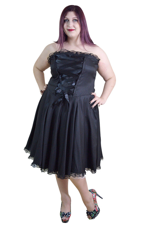 gothic corset dress plus size Women Victorian Style Satin ribbon Strapless Black Satin Lace-up – Skelapparel the inner layer cotton Size:30