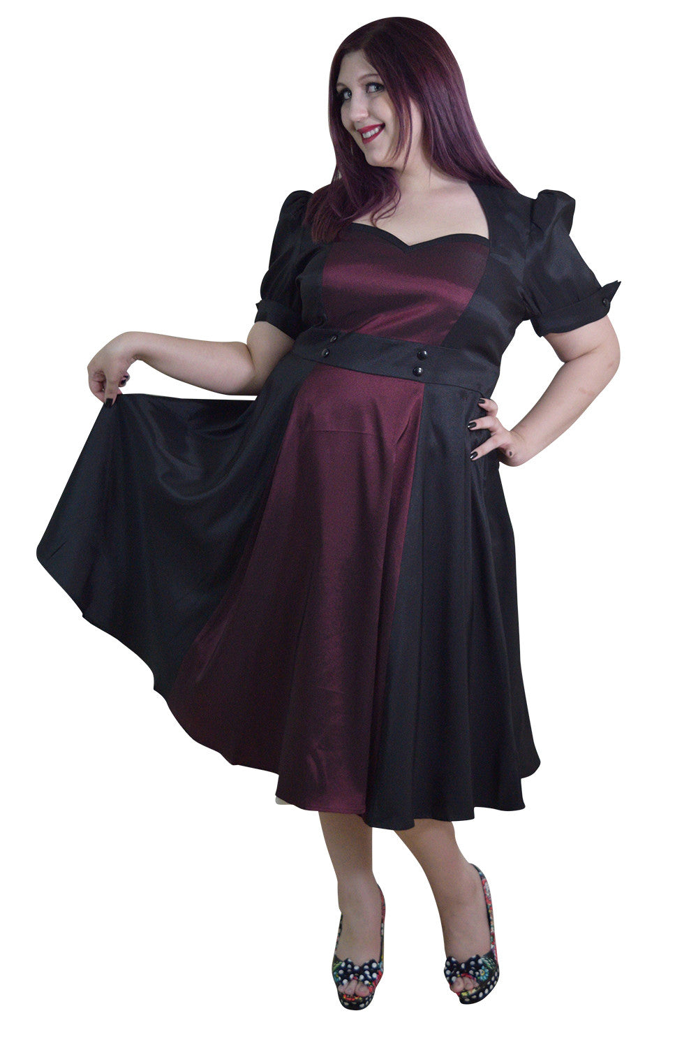 Dresses Plus Size Vintage 60's Queen of Hearts Two Tone Black and Burgundy Satin Dress