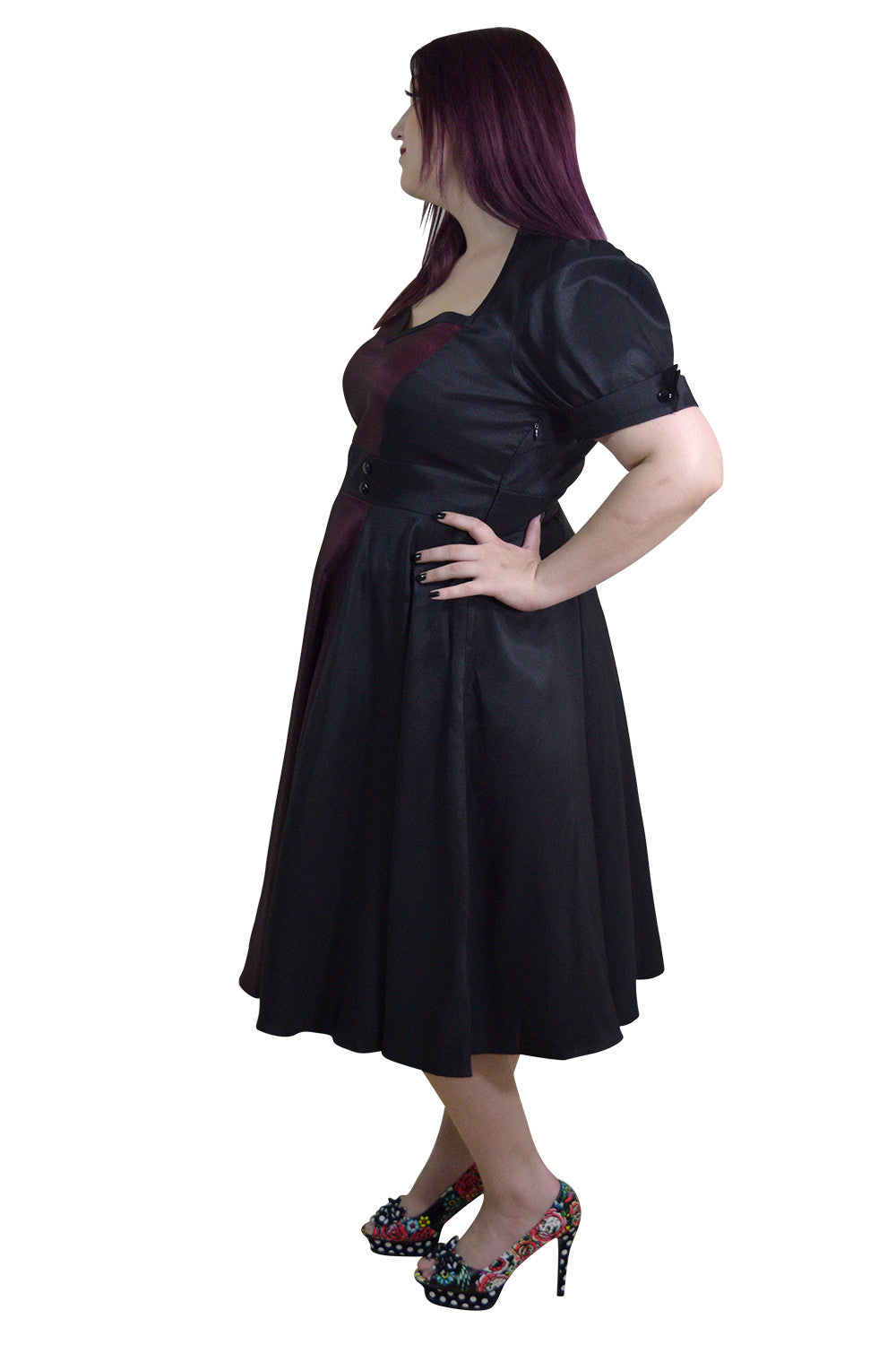 Dresses Plus Size Vintage 60's Queen of Hearts Two Tone Black and Burgundy Satin Dress