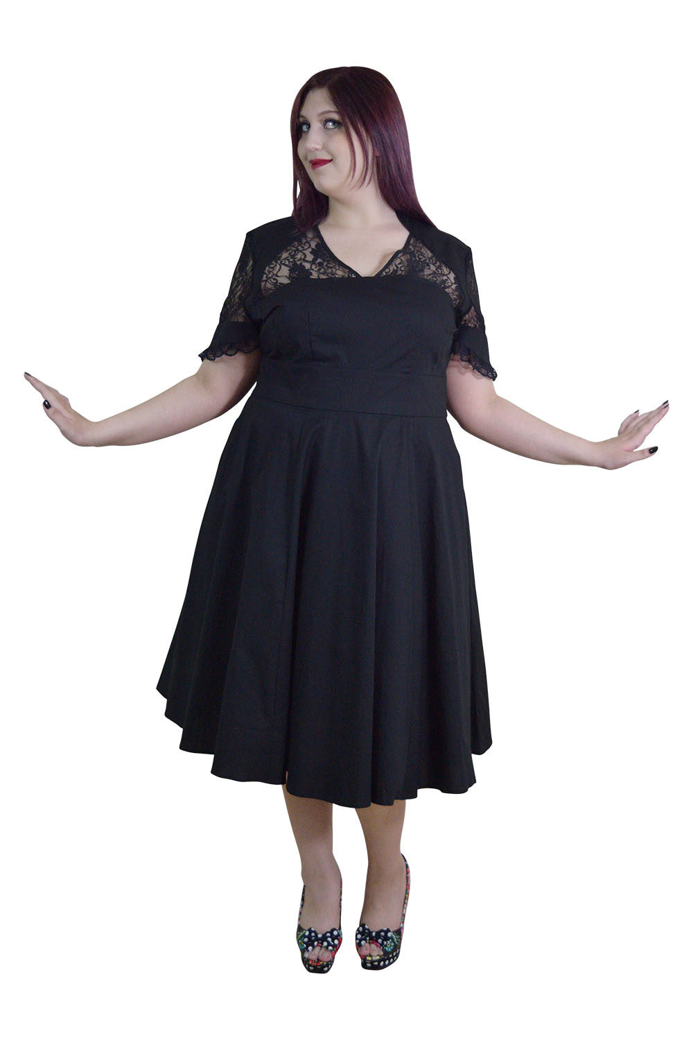 Plus Victorian Vintage Lace Insert Goth Elegance Black Flare Party Dress US14 (EU46) Plus Victorian Vintage Lace Insert Goth Elegance Black Flare Party Dress US14 (EU46)