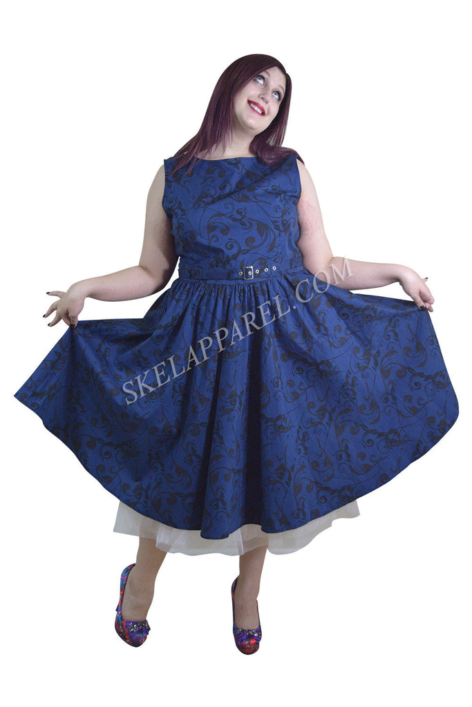 Dresses Plus Vinatge Victorian Swirl Dark Blue Boat Neck Flare Party Dress