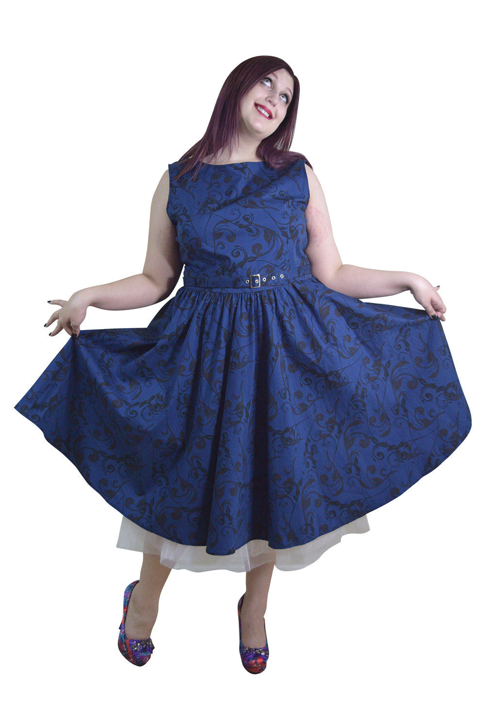 Dresses Plus Vinatge Victorian Swirl Dark Blue Boat Neck Flare Party Dress