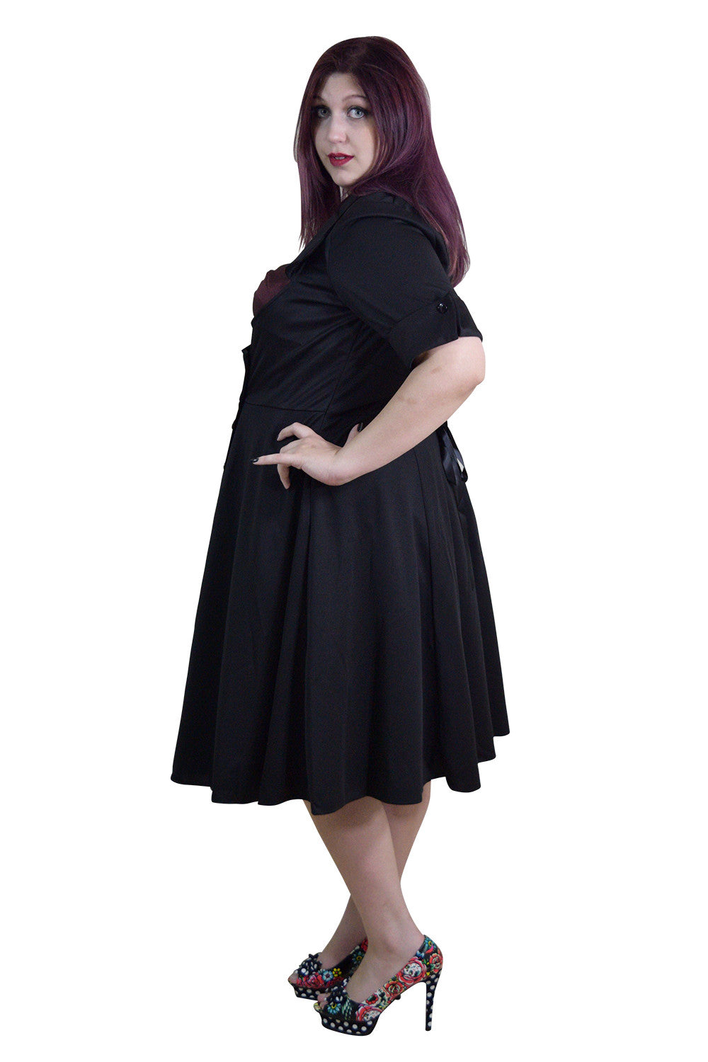 Dresses Plus Vintage 60's Bow tie Heart Side Button Two Tone Black & Burgundy Satin Dress