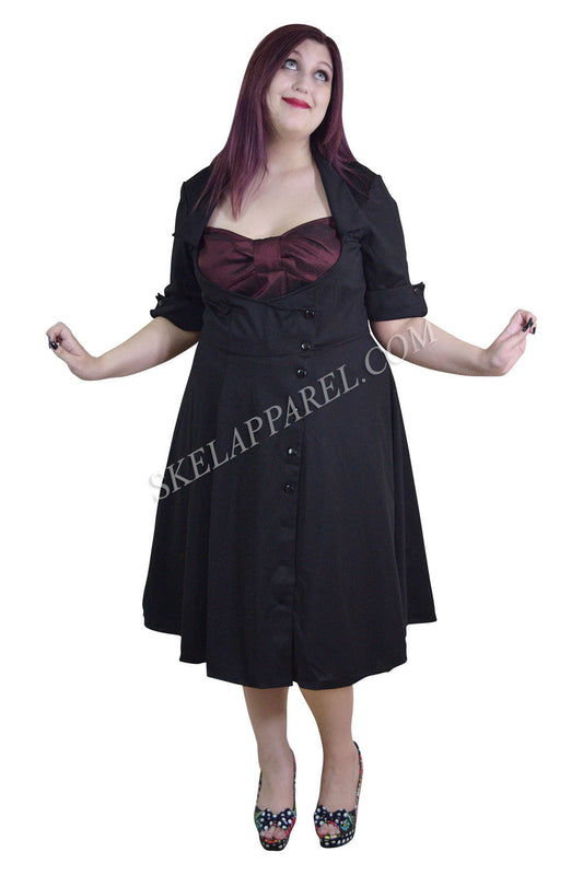 Dresses Plus Vintage 60's Bow tie Heart Side Button Two Tone Black & Burgundy Satin Dress