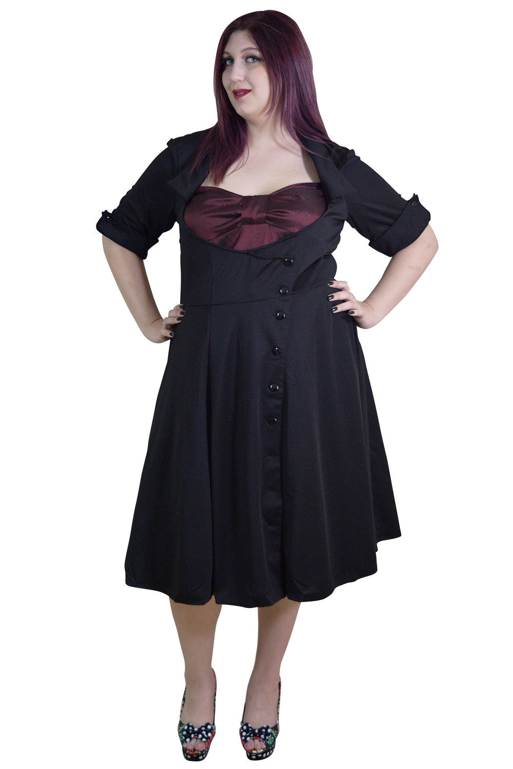 Plus Vintage 60's Bow tie Heart Side Button Two Tone Black & Burgundy Satin Dress US22 / Black Plus Vintage 60's Bow tie Heart Side Button Two Tone Black & Burgundy Satin Dress US22 / Black