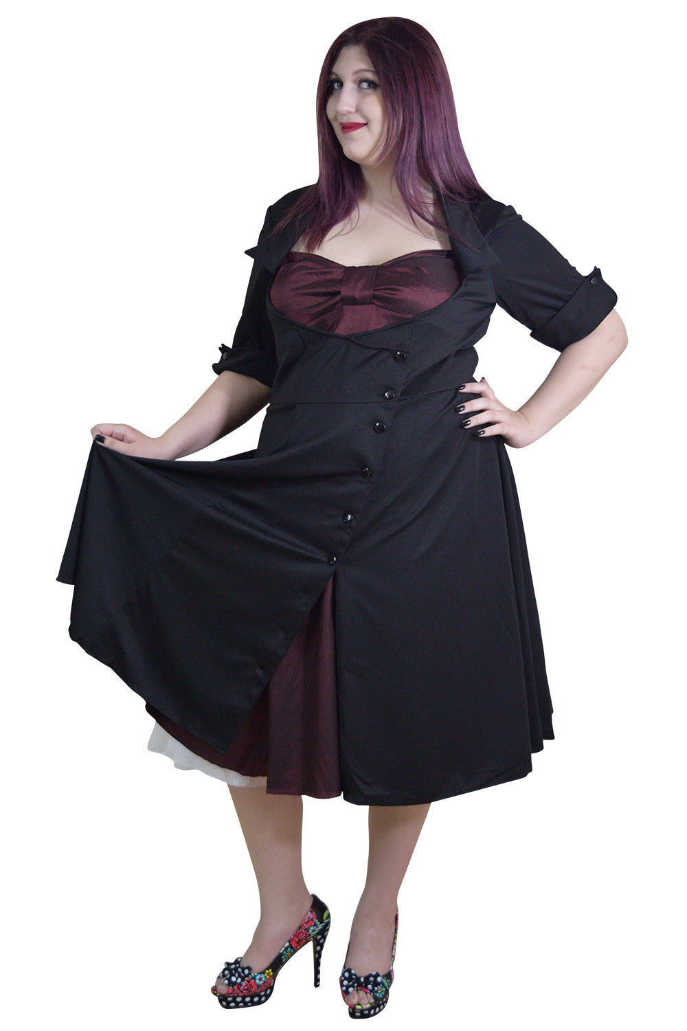 Dresses Plus Vintage 60's Bow tie Heart Side Button Two Tone Black & Burgundy Satin Dress