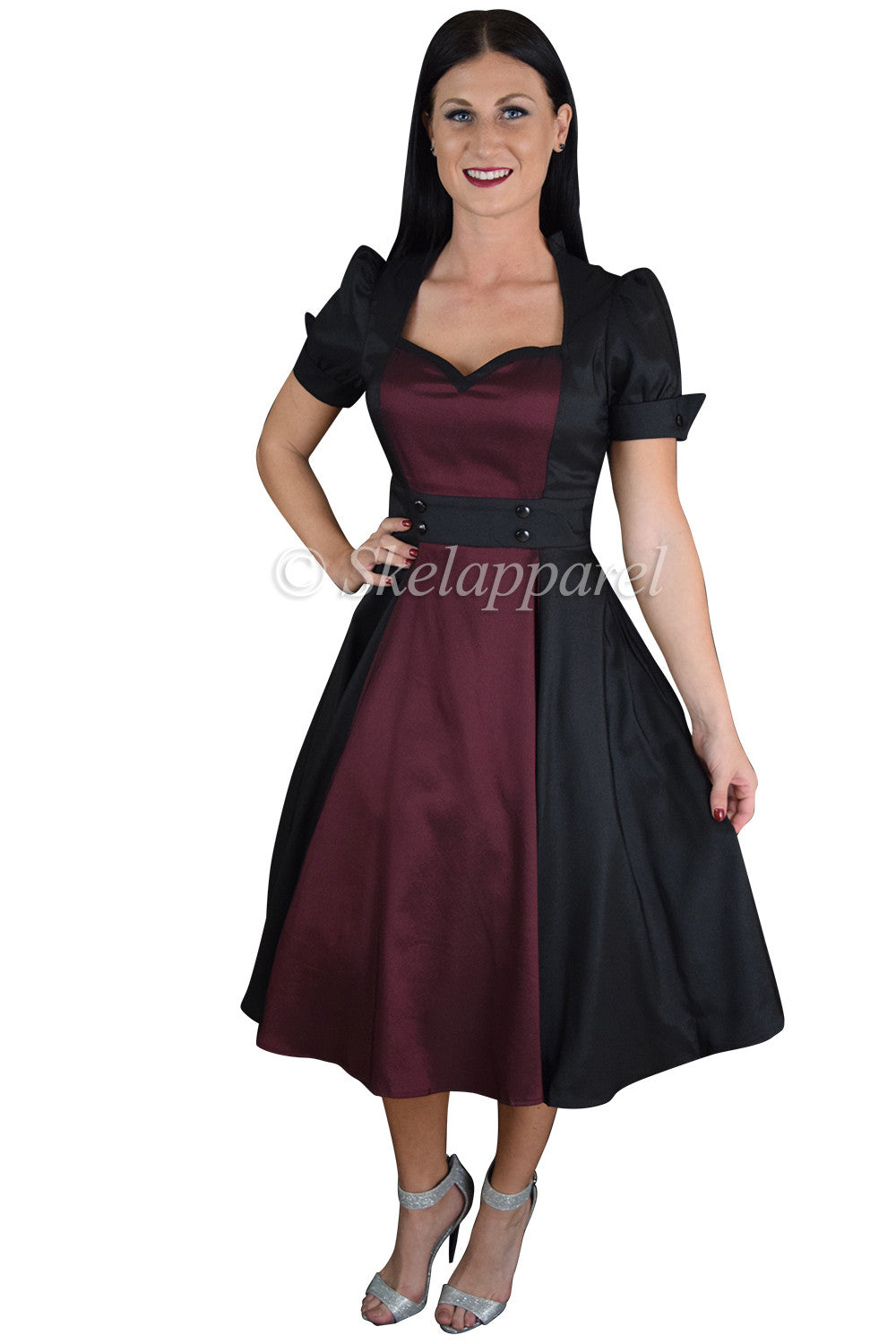 Retro Vintage 60's Queen of Hearts Black & Burgundy Two Tone Satin Dress US4 (EU36) / Black Retro Vintage 60's Queen of Hearts Black & Burgundy Two Tone Satin Dress US4 (EU36) / Black