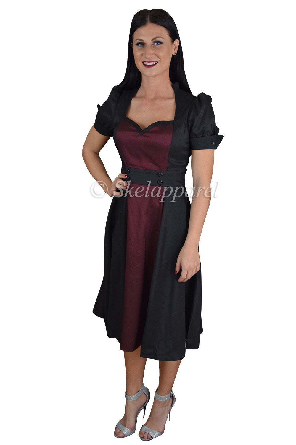 Dresses Retro Vintage 60's Queen of Hearts Black & Burgundy Two Tone Satin Dress