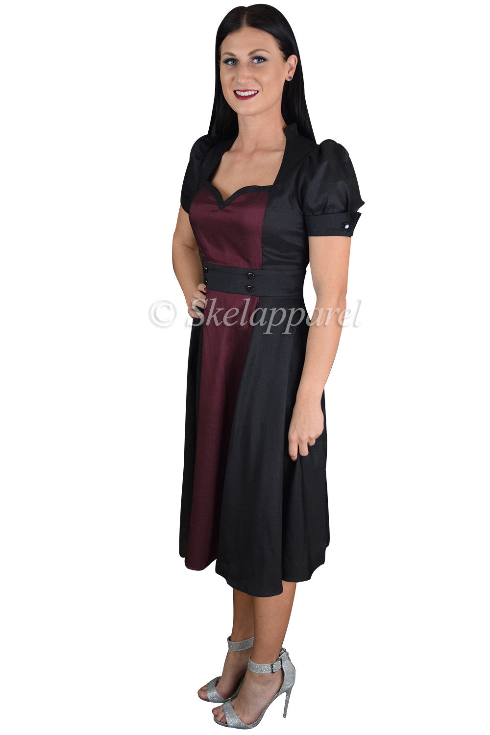 Dresses Retro Vintage 60's Queen of Hearts Black & Burgundy Two Tone Satin Dress