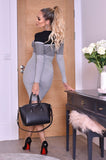 Dresses S/M/L Ribbed Color block Striped Long Sleeve Slim Fit Gray Black Bodycon Sweater Dress