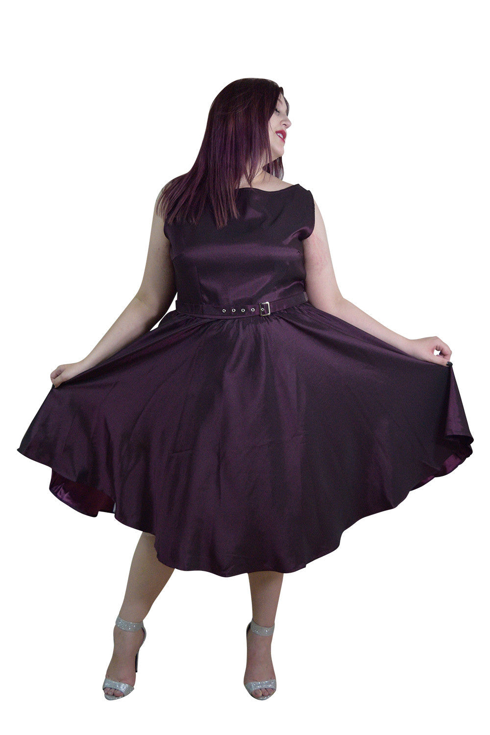 Dresses Skelapparel Plus Size 60's Vintage Design Purple Satin Flare Swing Dress