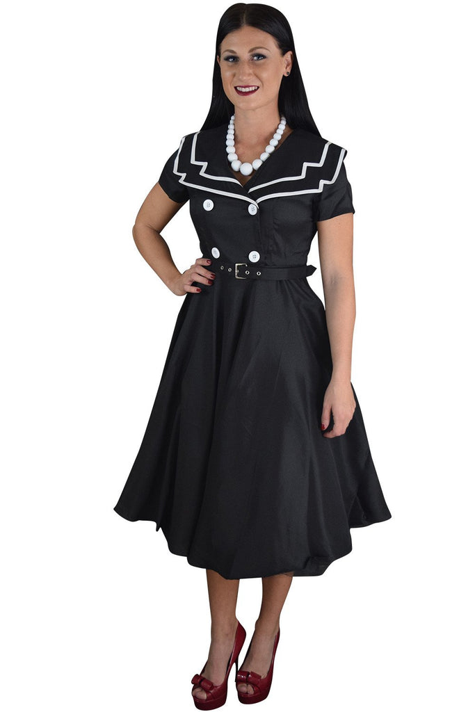 Dresses Vintage Design 60's Sailor Black Satin Flare Swing Dress