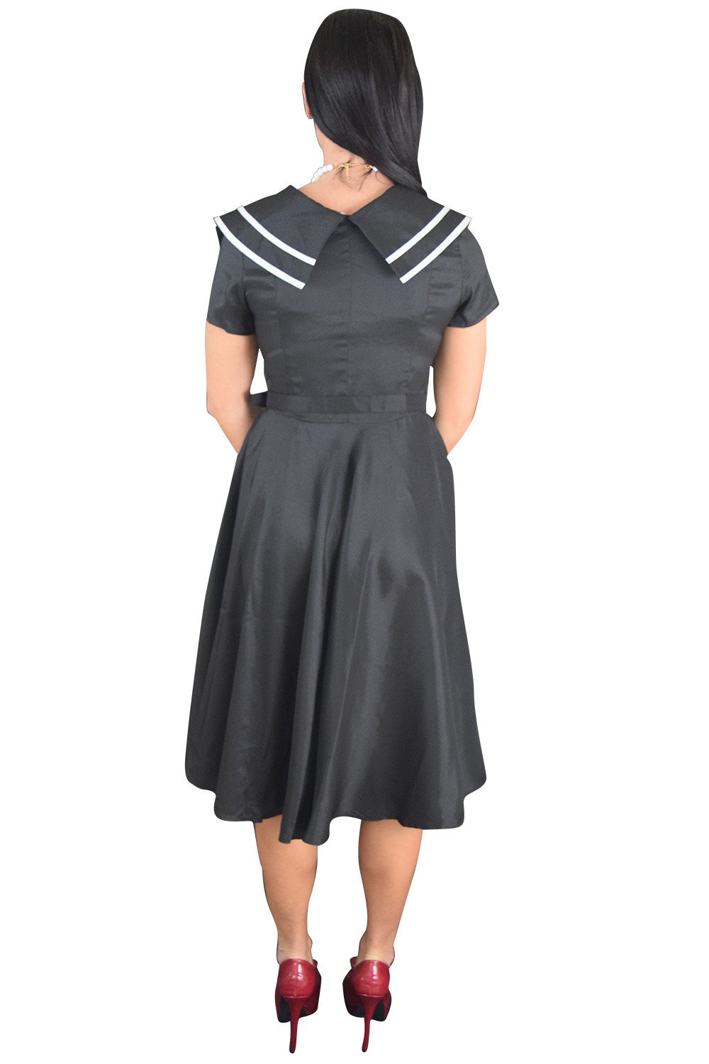 Dresses Vintage Design 60's Sailor Black Satin Flare Swing Dress