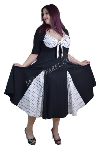 Dresses Vintage Rockabilly Black White Polka-dot plus size dress with sleeves