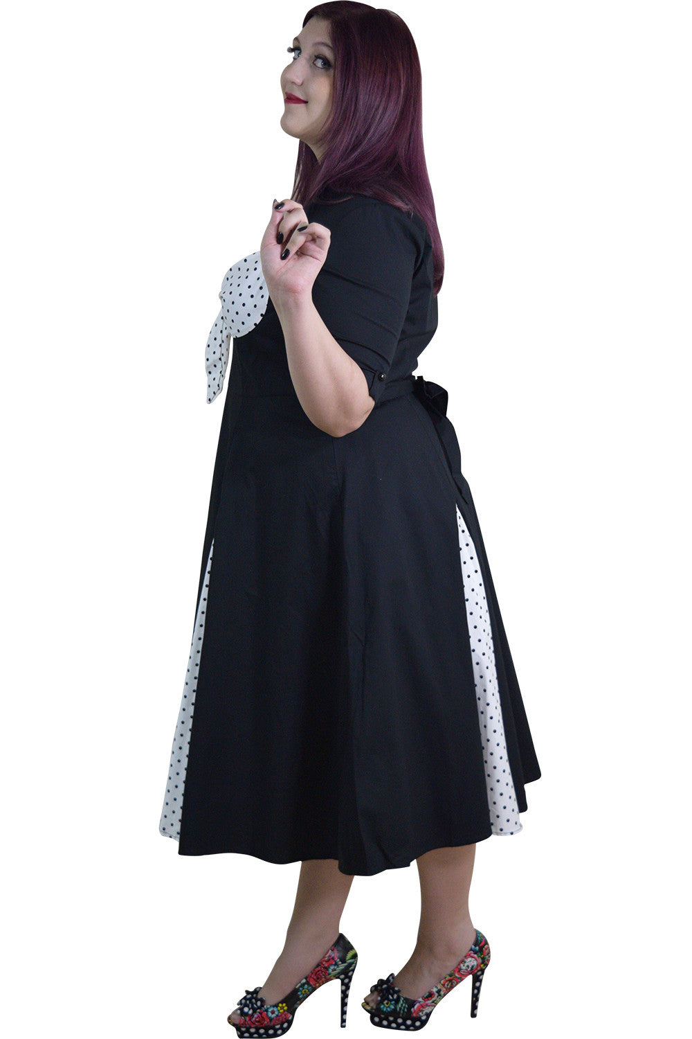 Dresses Vintage Rockabilly Black White Polka-dot plus size dress with sleeves