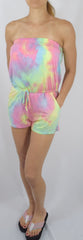 Dresses Women's Bohemian Summer Tube Top Strapless Multi-Color Tie Dye Romper w/ Pockets