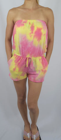 Dresses S / Pink/Yellow Women's Bohemian Summer Tube Top Strapless Multi-Color Tie Dye Romper w/ Pockets