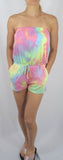 Dresses Women's Bohemian Summer Tube Top Strapless Multi-Color Tie Dye Romper w/ Pockets