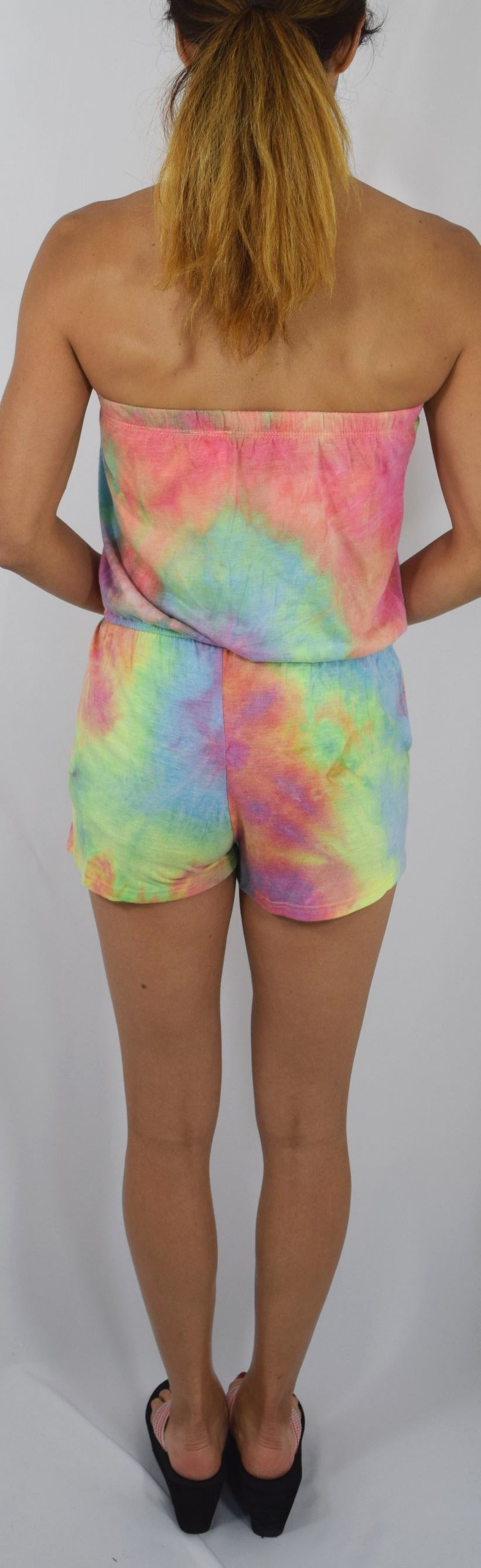 Dresses Women's Bohemian Summer Tube Top Strapless Multi-Color Tie Dye Romper w/ Pockets
