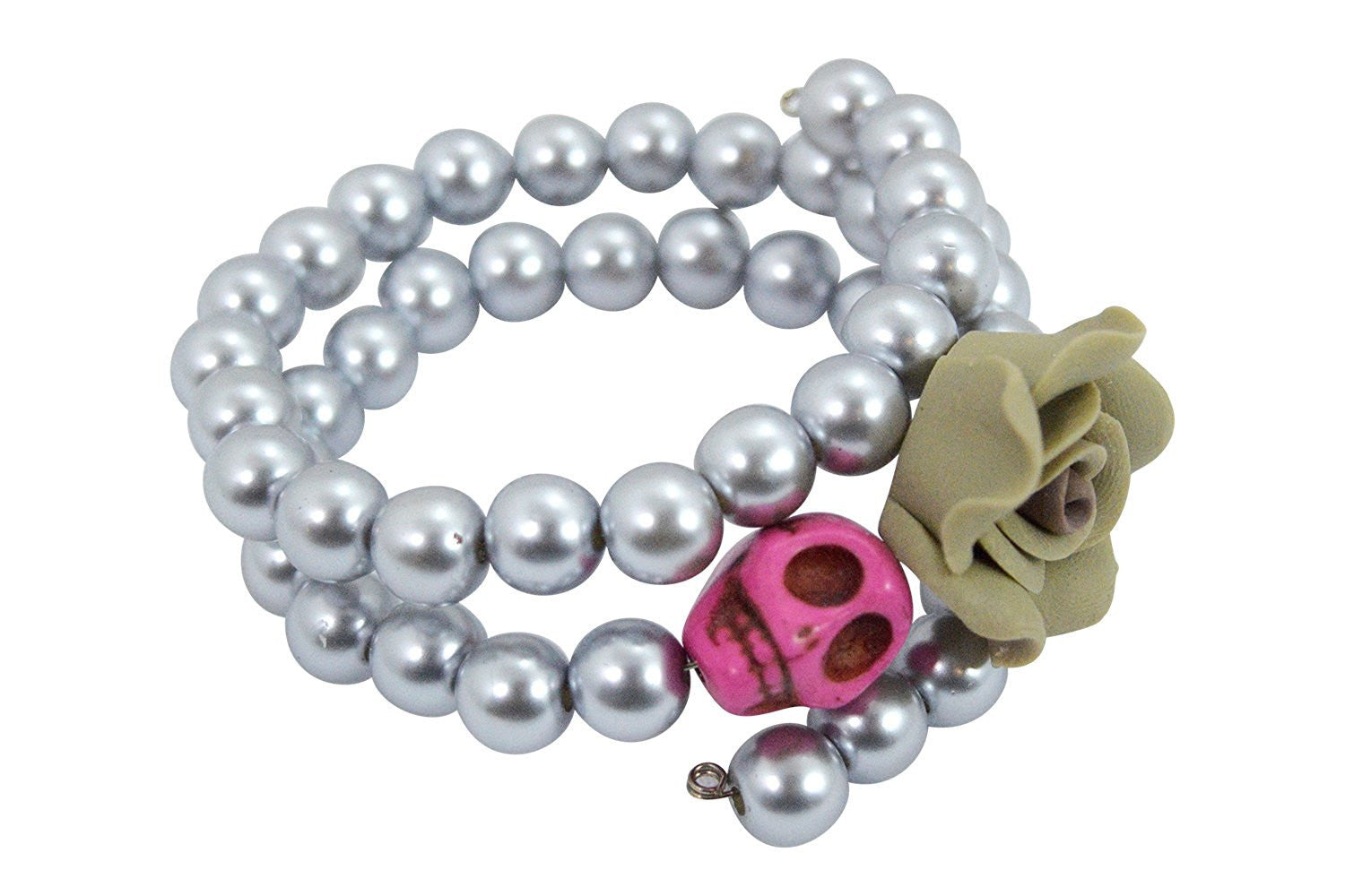 Jewellery Gray Day of the Dead Turquoise Skull and Rose Pearl Bracelet