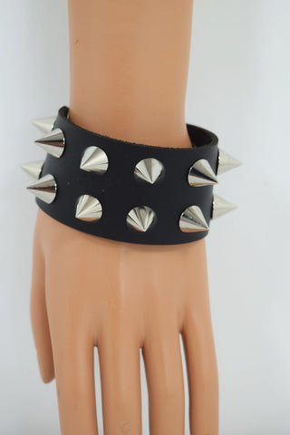 Jewellery Gothic Emo Grunge Punk Rock Wide Leather Spiked Bracelet - Silver Spikes