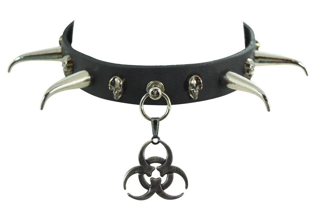 Jewellery Gothic Punk Rock Emo Biohazard Charm Skull Stud and Horn Spike Leather Choker Collar Necklace