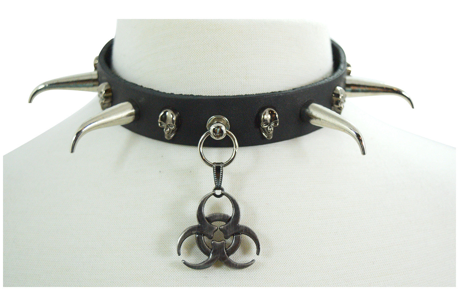 Jewellery Gothic Punk Rock Emo Biohazard Charm Skull Stud and Horn Spike Leather Choker Collar Necklace