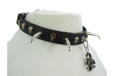 Jewellery Gothic Punk Rock Emo Biohazard Charm Skull Stud and Horn Spike Leather Choker Collar Necklace