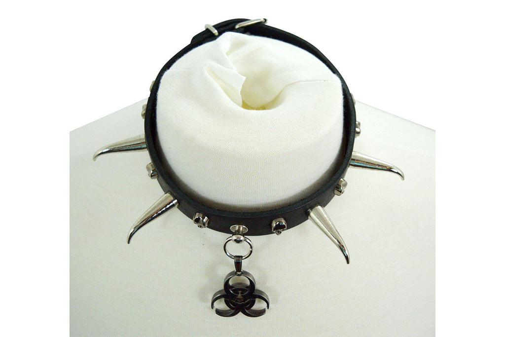 Jewellery Gothic Punk Rock Emo Biohazard Charm Skull Stud and Horn Spike Leather Choker Collar Necklace