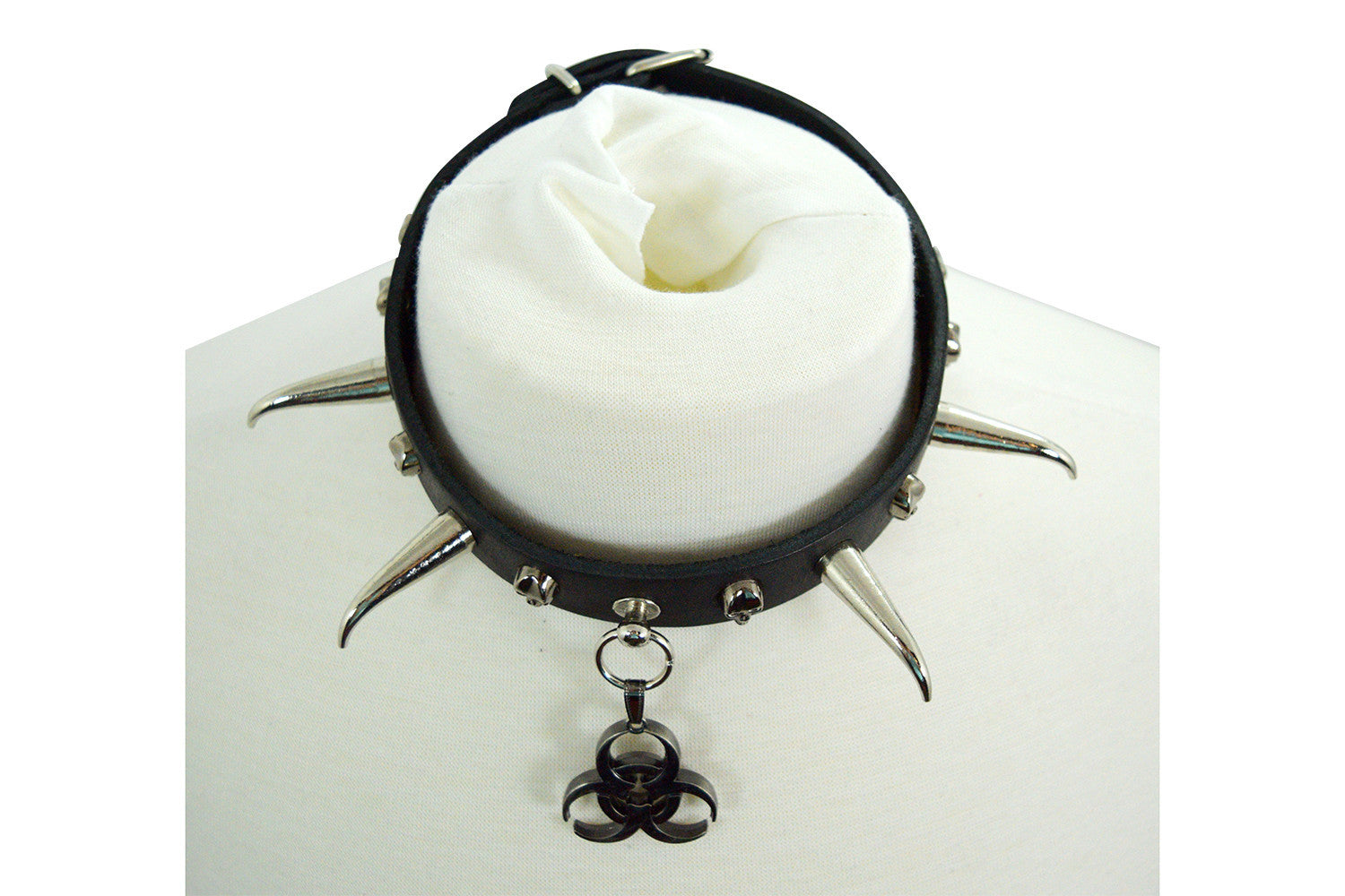 Jewellery Gothic Punk Rock Emo Biohazard Charm Skull Stud and Horn Spike Leather Choker Collar Necklace