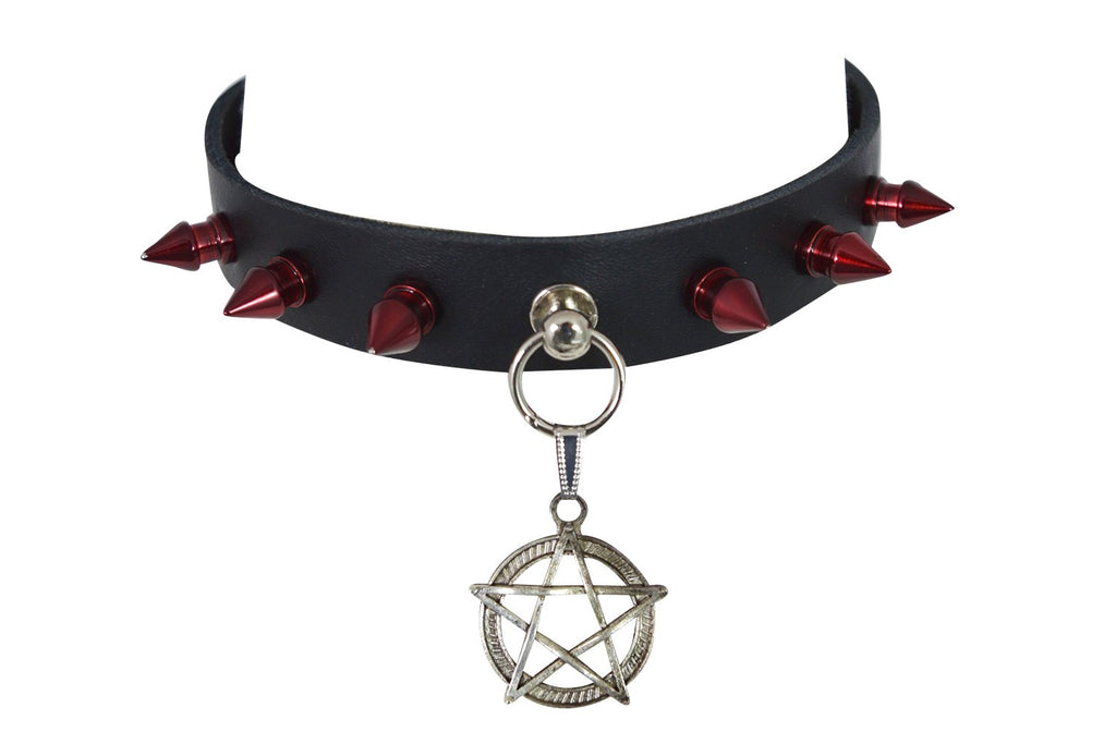 Jewellery Gothic Punk Rock Emo Pentagram Charm Rivet Red Spikes Leather Choker Collar Necklace