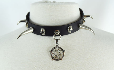 Jewellery Gothic Punk Rock Emo pentagram Charm Skull Stud and Horn Spike Leather Choker Collar Necklace