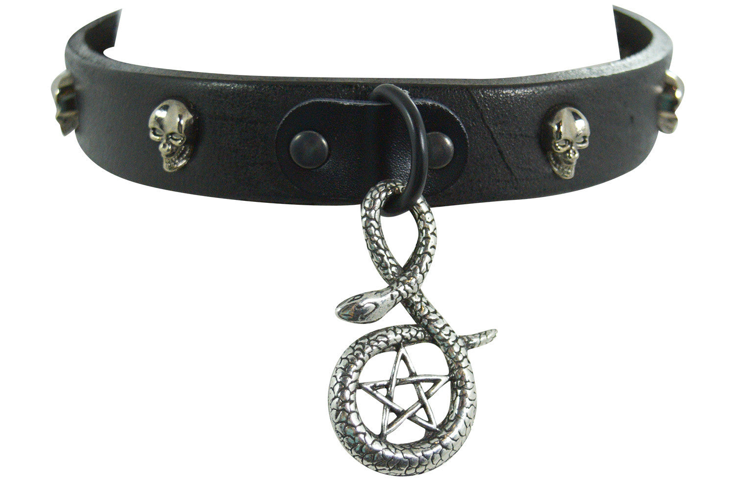 Jewellery Gothic Punk Rock Emo Snake and Pentagram Charm Skull Stud Leather Choker Collar Necklace