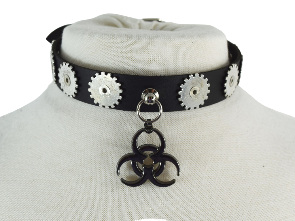Jewellery Gothic Steampunk Biohazard Charm turbinel Studs Leather Choker Collar Necklace