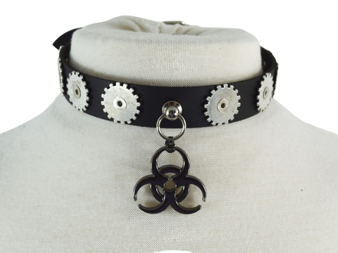 Jewellery Gothic Steampunk Biohazard Charm turbinel Studs Leather Choker Collar Necklace