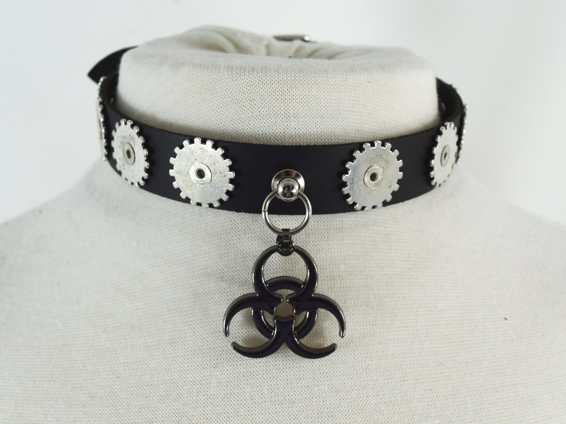 Black Choker With Charm Gothic Steampunk Biohazard Charm Cogwheel