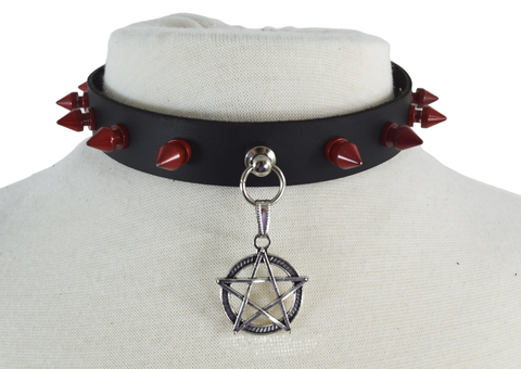Jewellery Gothic Steampunk Pentagram Charm Rivet Red Spikes Leather Choker Collar Necklace
