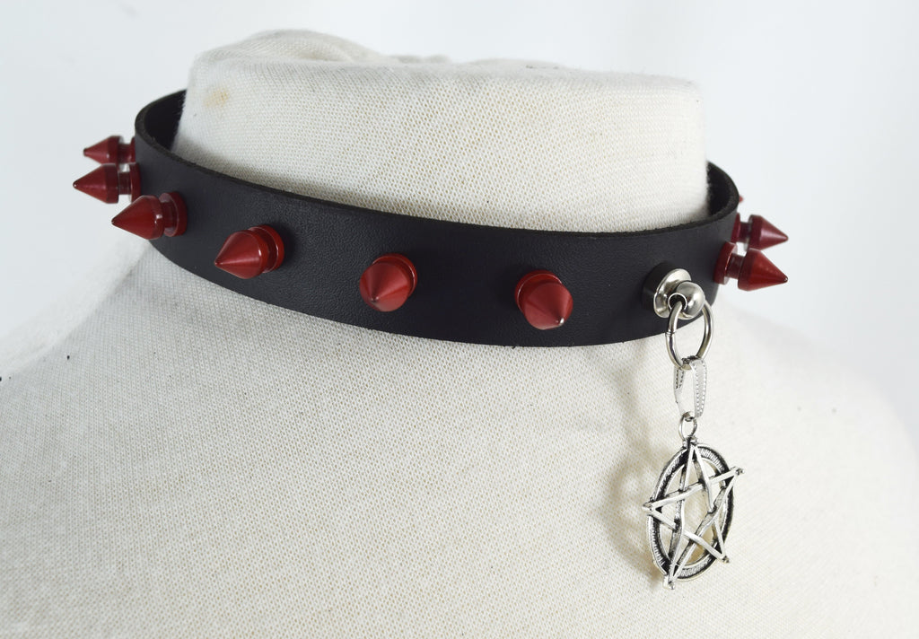 Jewellery Gothic Steampunk Pentagram Charm Rivet Red Spikes Leather Choker Collar Necklace