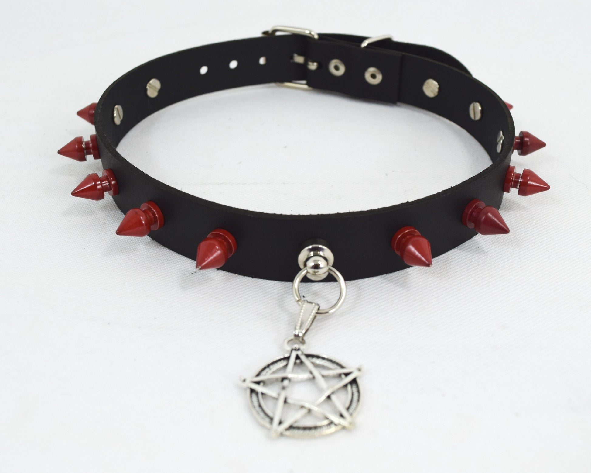 Jewellery Gothic Steampunk Pentagram Charm Rivet Red Spikes Leather Choker Collar Necklace