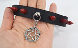 Jewellery Gothic Steampunk Pentagram Charm Rivet Red Spikes Leather Choker Collar Necklace