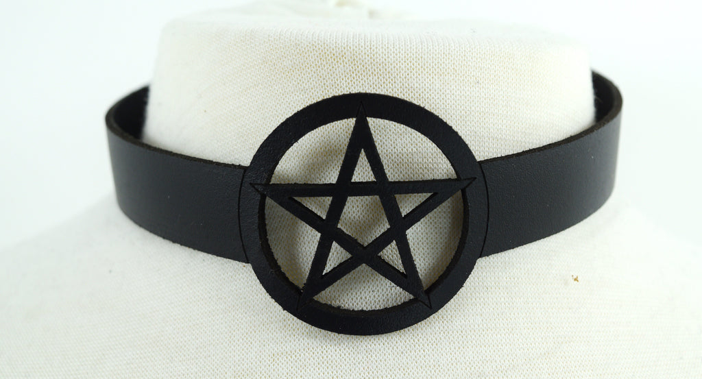 Jewellery Gothic Witch Wicca Black Leather Pentagram Laser Cut Choker Necklace