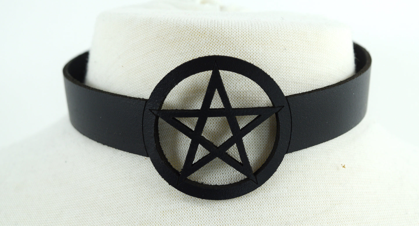 Jewellery Gothic Witch Wicca Black Leather Pentagram Laser Cut Choker Necklace