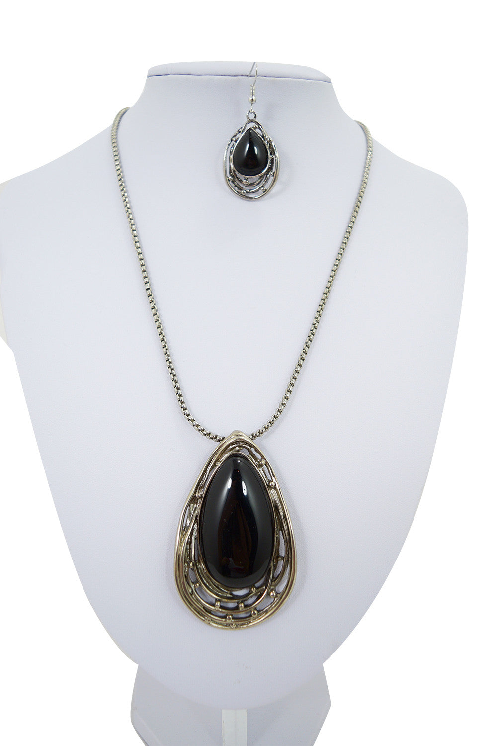 Jewellery Black Gypsy Bohemian Chunky Black Onyx Stone Pendant Necklace and Earrings Set