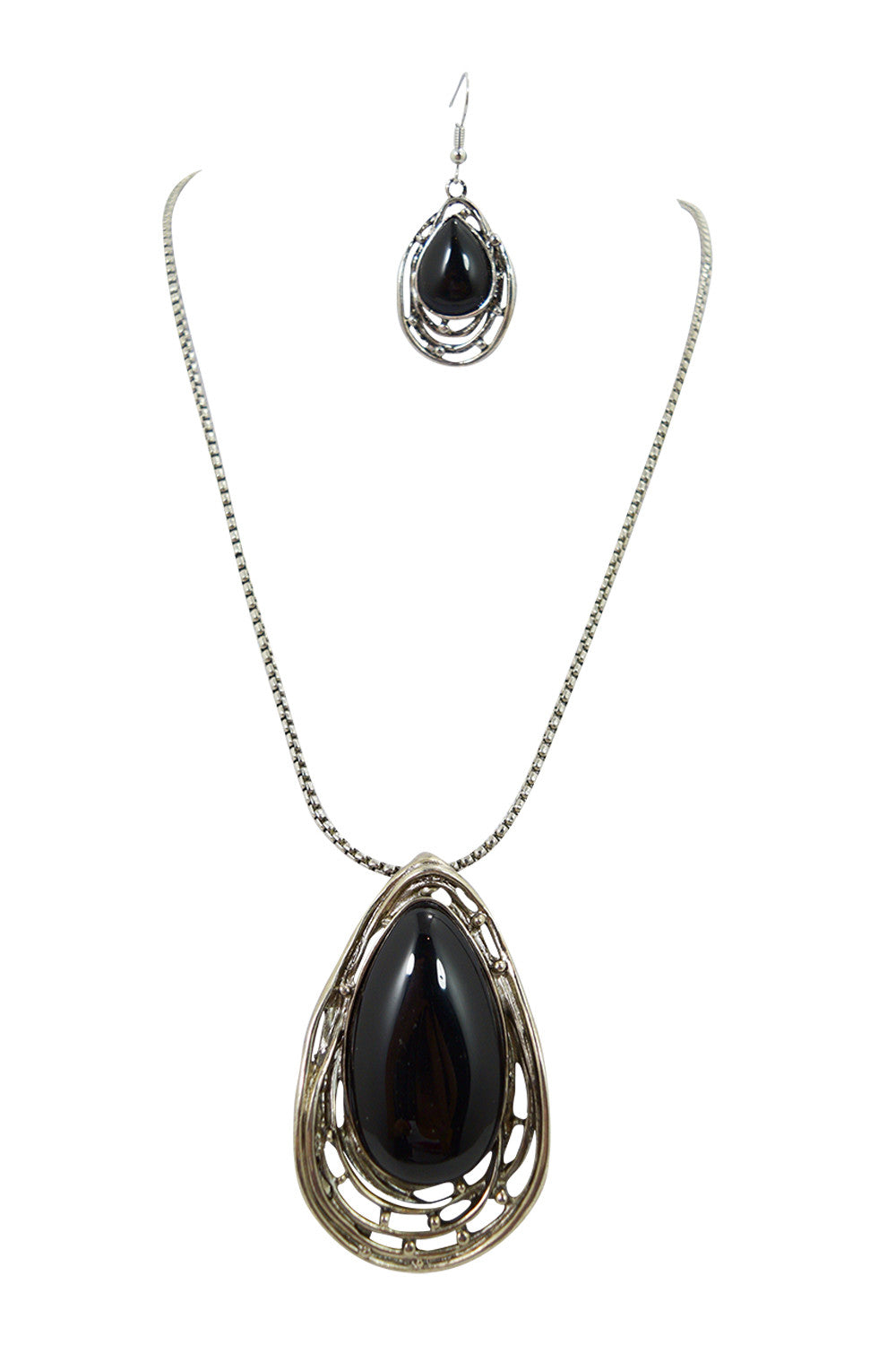 Jewellery Black Gypsy Bohemian Chunky Black Onyx Stone Pendant Necklace and Earrings Set