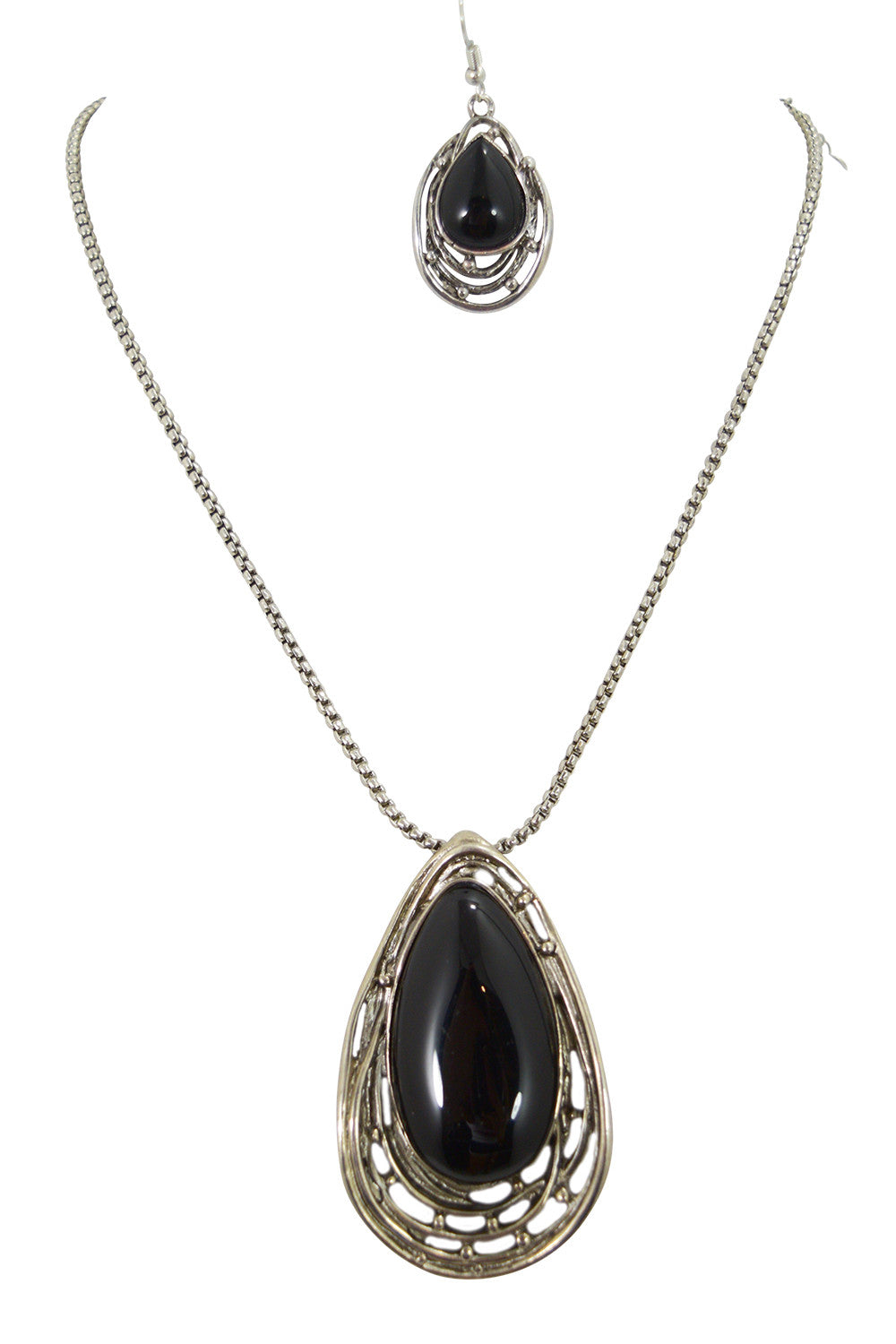 Jewellery Black Gypsy Bohemian Chunky Black Onyx Stone Pendant Necklace and Earrings Set