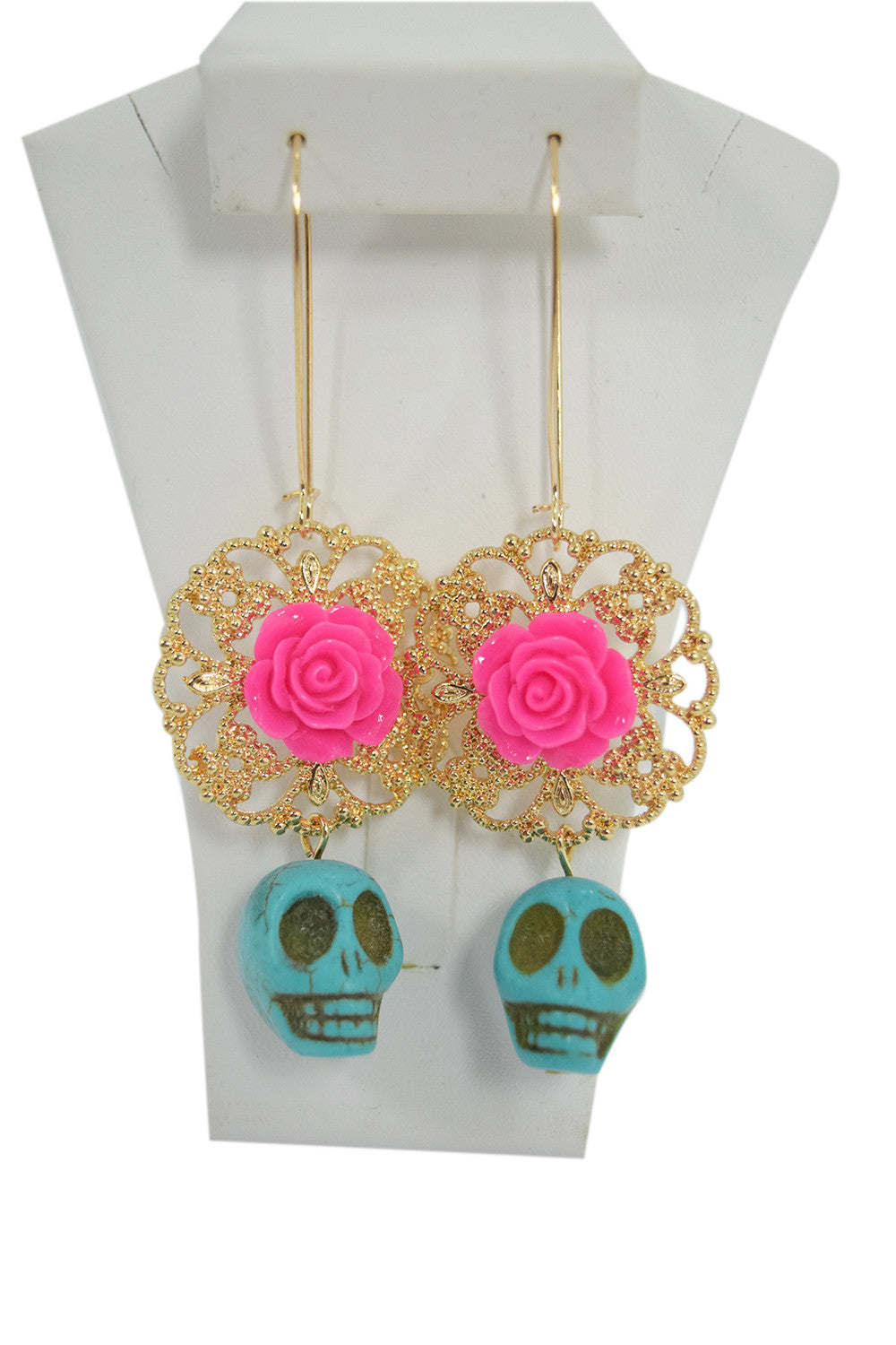 Jewellery Mexican Pink Flower Sugar Skull Day of the Dead Turquoise Skull Earrings
