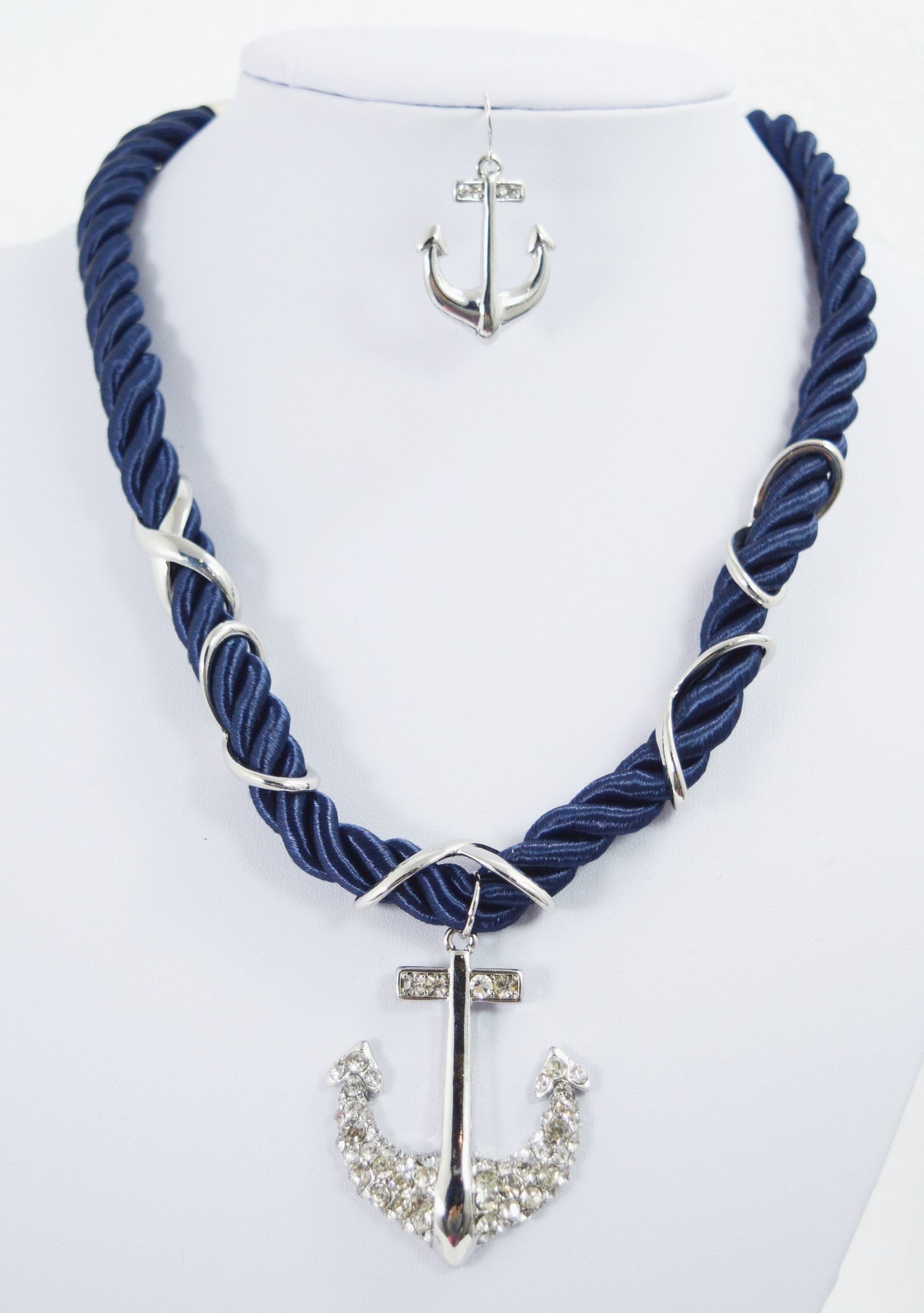 Jewellery Nautical Navy Chunky Rope and Anchor Charm Necklace and Earrings Set